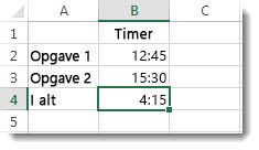 Tid tilføjet, der er over 24 timer, giver et ikke-udløst resultat på 4:15