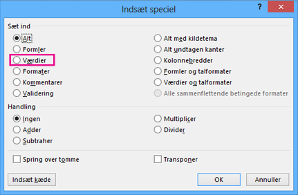 Værdiindstillinger i dialogboksen Indsæt speciel