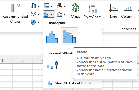 Skærmbillede, der viser Pareto-diagrammet, der er åbnet via fanen Indsæt.