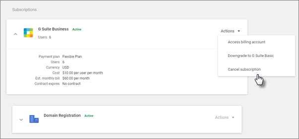 In the subscriptions choose G Suite, Actions and then Cancel subscription.
