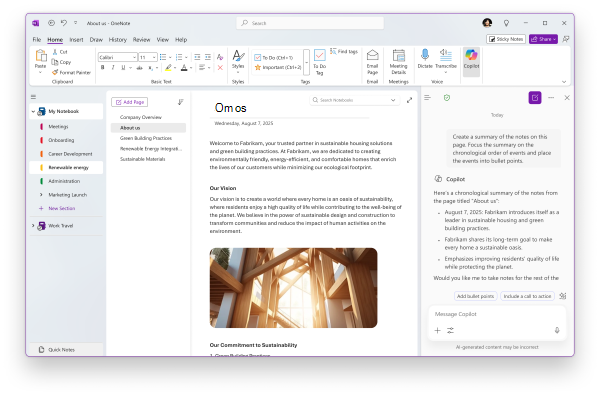 Skærmbillede af OneNote-side, der viser ruden Copilot Chat