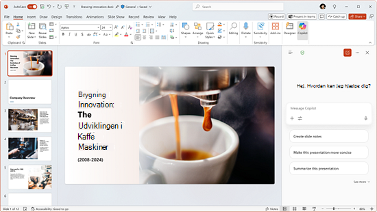 Skærmbillede af Copilot Chat i PowerPoint