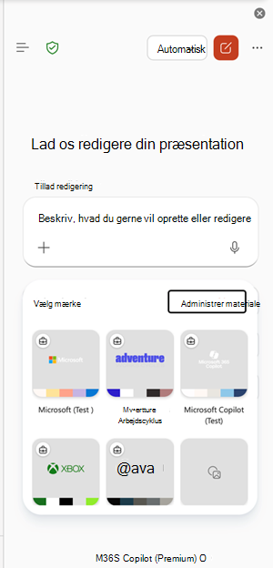 Skærmbillede af indgangspunktet Administrer brandkits i PowerPoint.