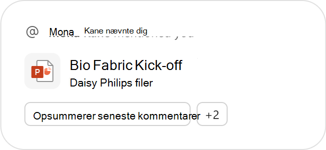 En PowerPoint-fil vises som en anbefalet fil sammen med foreslåede Copilot-prompter til yderligere handling.