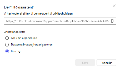 Et skærmbillede af indstillingerne for deling af en agent