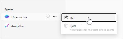 Skærmbillede af, hvor du kan dele en agent fra venstre navigationslinje.
