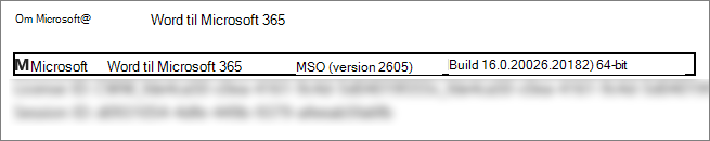 Skærmbillede, der viser Word version, build og bitversion.