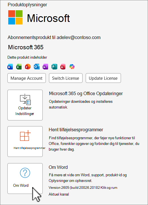 Skærmbillede, der viser versionsvisningen af Office 365.