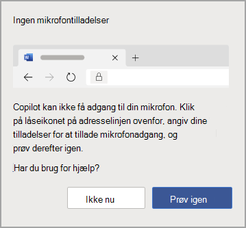 Fejldialogboksen Ingen mikrofontilladelser i Copilot.