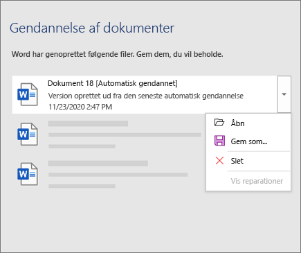 Automatisk genoprettet fil, som er angivet i ruden Dokumentgenoprettelse