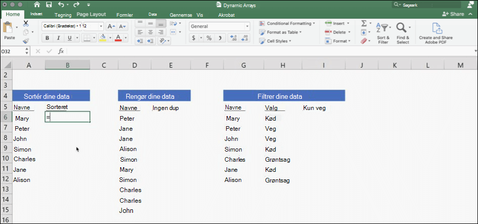 Skærmbillede af Excel med data ved hjælp af dynamiske matrixer