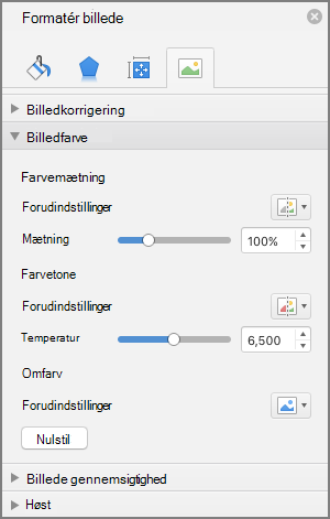 Justere indstillingerne for farvemætning i ruden Formatér billede