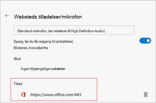 Tillad websted i tilladelser