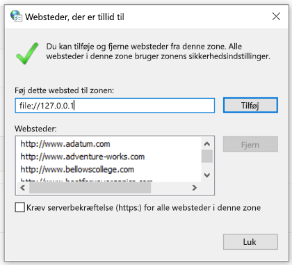 Tilføjelse af et websted, der er tillid til, i internetegenskaber