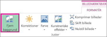 Knappen Fjern baggrund i gruppen Juster under fanen Formatér under Billedværktøjer