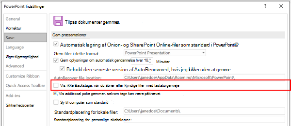 Et skærmbillede af dialogboksen Indstillinger i PowerPoint, der fremhæver indstillingen til ikke at bruge Backstage, når der gemmes sammen med tastaturgenveje