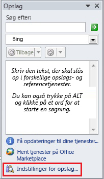 Skærmbillede af opgaveruden Opslag, hvor linket Indstillinger for opslag i bunden af ruden er fremhævet