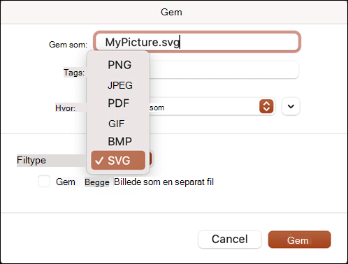 Gem som dialog i PowerPoint 2021 til Mac med SVG-indstillingen valgt