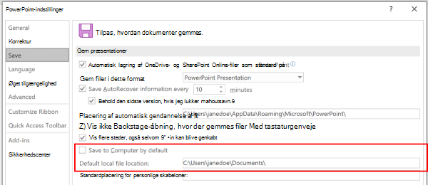 Et skærmbillede af dialogboksen PowerPoint-indstillinger, der fremhæver afsnittet til tilpasning af standardplaceringen