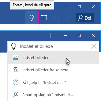 Word-båndet, der viser tekstfeltet Fortæl mig det