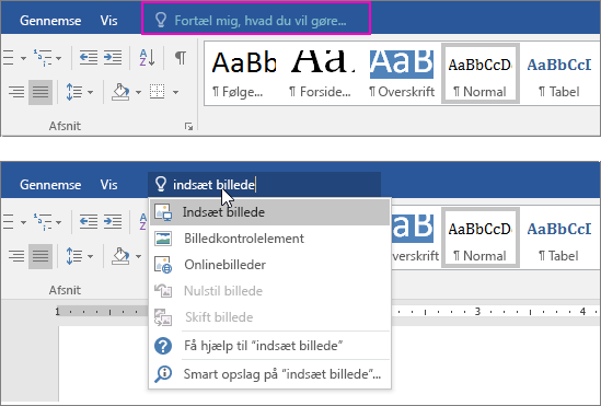 Viser søgefeltet Fortæl mig det på båndet i Word.