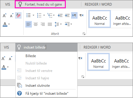 Viser søgefeltet Fortæl mig det på båndet i Word Online.
