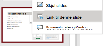Viser højrekliksmenuen Link til dette slide