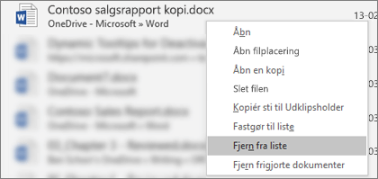 Genvejsmenuen, som du ser, når du højreklikker på en fil på listen Seneste filer