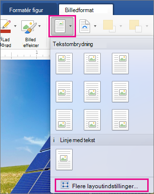 Placering og Flere layoutindstillinger er fremhævet på fanen Billedformat.