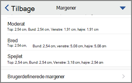 Viser margenindstillinger
