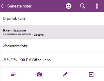 Listen Seneste noter i OneNote til Android