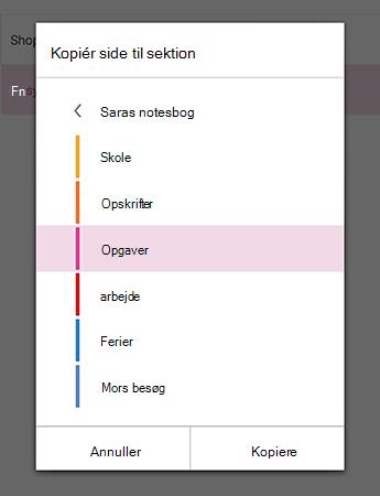 Menuen Kopiér side til sektion i OneNote til Android