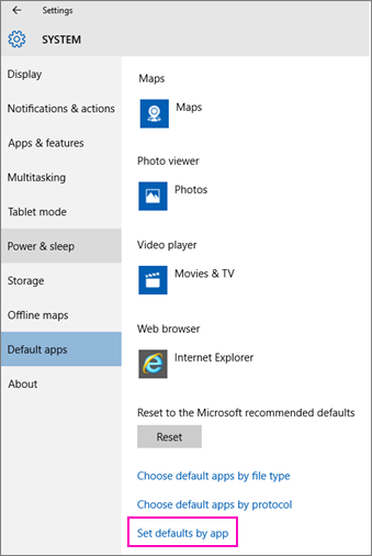 Skærmbillede af indstillingen Angiv standardindstillinger efter App i Windows 10.