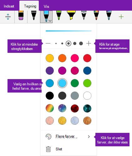 Indstillinger for pennestrøgsbredde og farve i OneNote til Windows 10