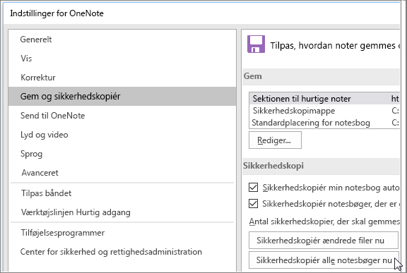 Skærmbillede af dialogboksen Indstillinger for OneNote i OneNote 2016.