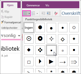 Skærmbillede af, hvordan du tilføjer punkttegn til en side i OneNote 2016.