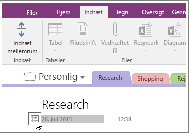 Skærmbillede af, hvordan du ændrer datostemplet på en side i OneNote 2016.