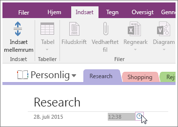 Skærmbillede af, hvordan du ændrer tidsstemplet på en side i OneNote 2016.