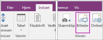 Skærmbillede af knappen Indsæt billeder i OneNote 2016.