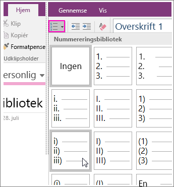 Skærmbillede af, hvordan du tilføjer nummerering til en side i OneNote 2016.
