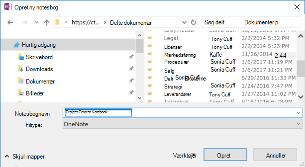 Dialogboksen Opret ny notesbog i OneNote til Windows 2016