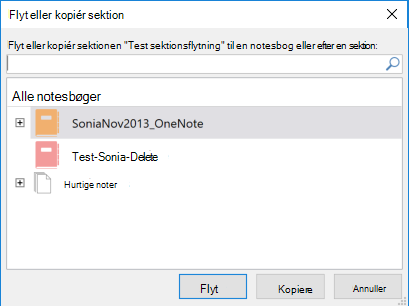 Dialogboksen Flyt eller kopiér sektion i OneNote til Windows 2016