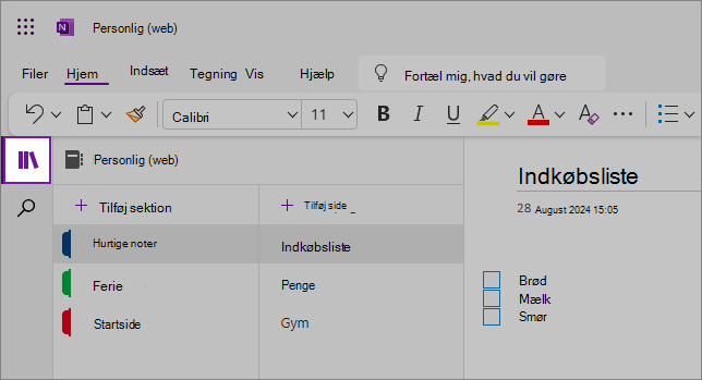 Visning af oneNote-webbrugergrænsefladen, der viser indholdsområdet