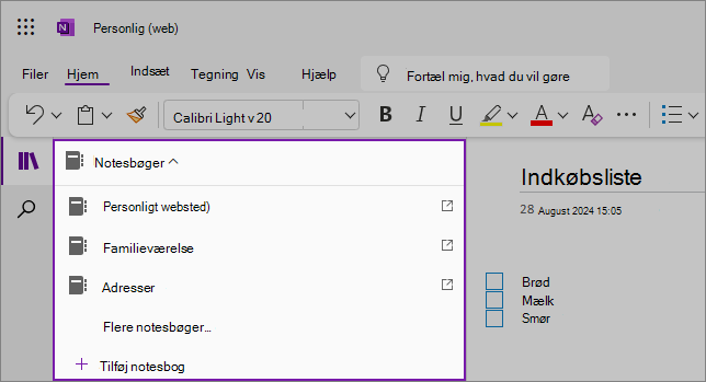 Skærmbillede af rulleliste med eksempel på OneNote-notesbøger