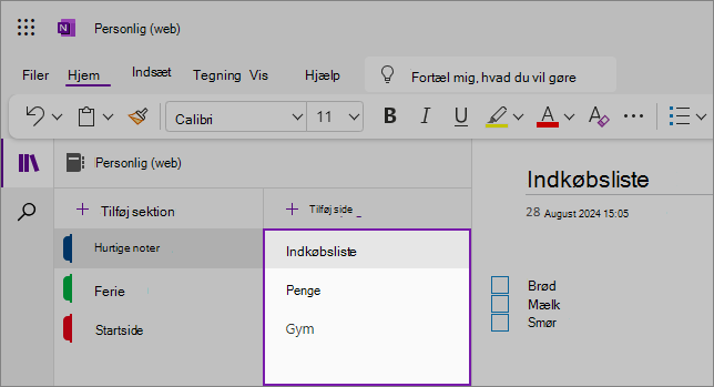 Visning af OneNote-webbrugergrænsefladen, der viser indholdsområdet
