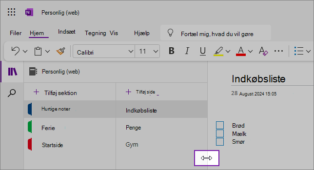 Skærmbilleder, der viser, hvordan du ændrer størrelsen på OneNote-navigationsruder