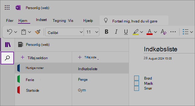 Visning af OneNote-webbrugergrænsefladen, der viser indholdsområdet