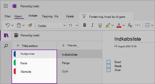 Visning af OneNote-webbrugergrænsefladen, der viser indholdsområdet