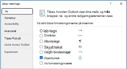 Tilpas, hvordan Outlook viser dine mails, og hvilke knapper, tip og andre redigeringselementer der vises.