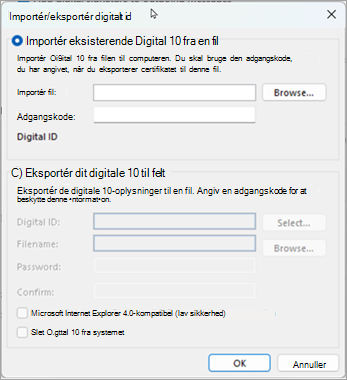Vælg Gennemse for at finde det digitale id og angive den adgangskode, du har angivet, da du eksporterede certifikatet til denne fil